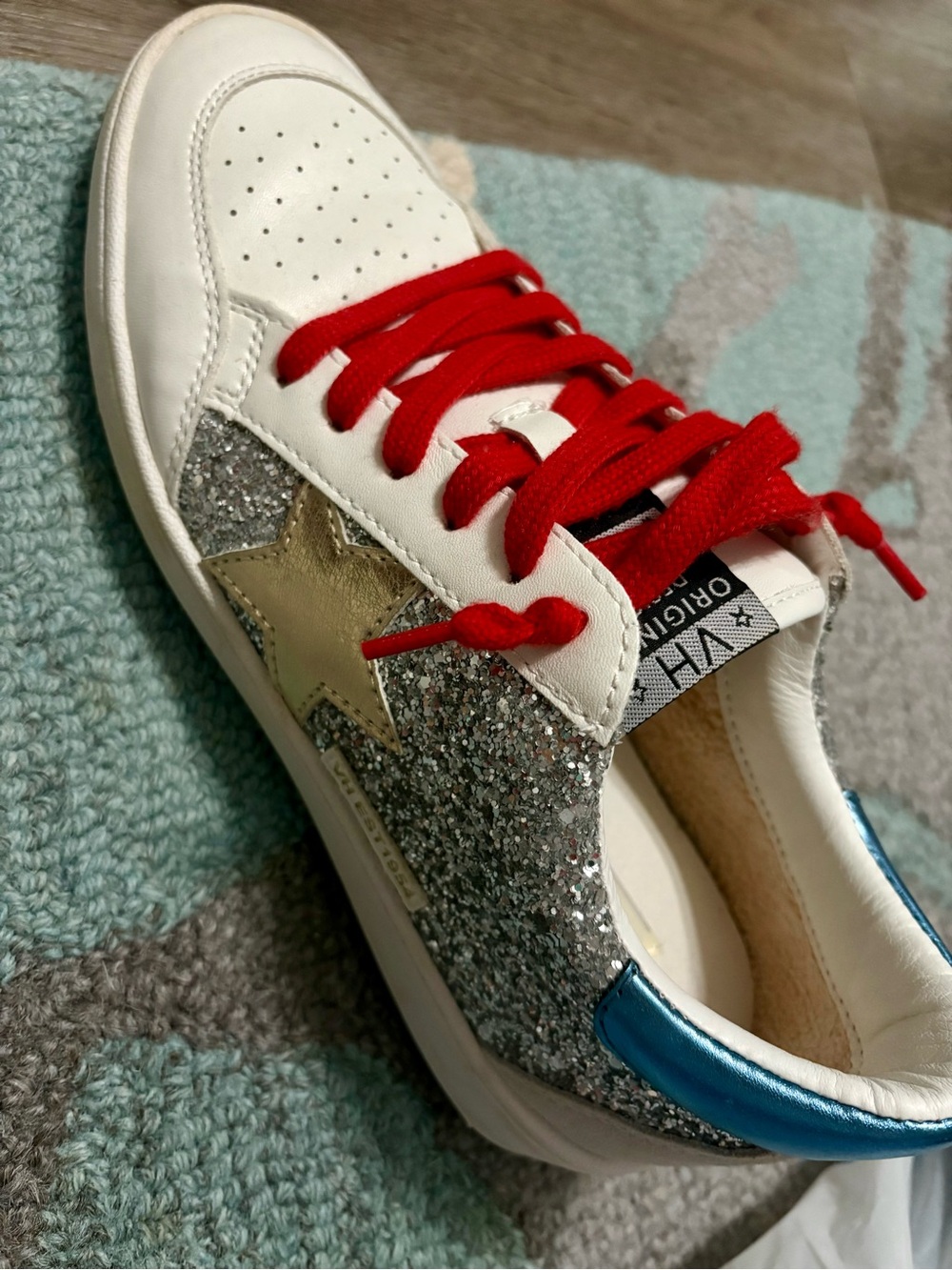 Vintage Havana White Sneakers with Silver Glitter, Gold Star & Red Laces